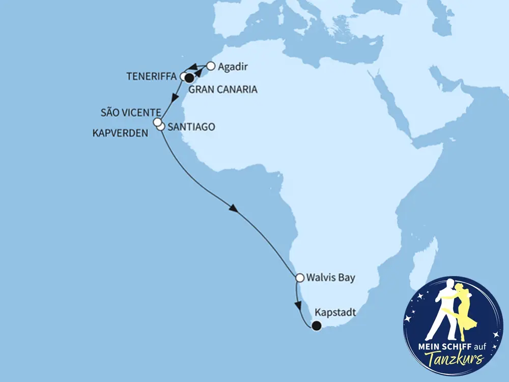 Mein Schiff 6 Event- und Themenreise H�hepunkte entlang Westafrikas K�ste - ab Las Palmas/bis Kapstadt - Mein Schiff auf Tanzkurs - Routenbild